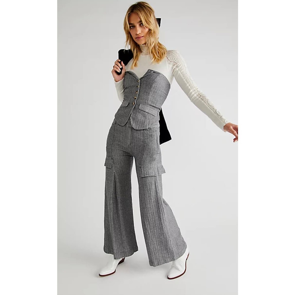 Free People New Waves Tailored Flare Trousers Gray Pants Size 14 NEW